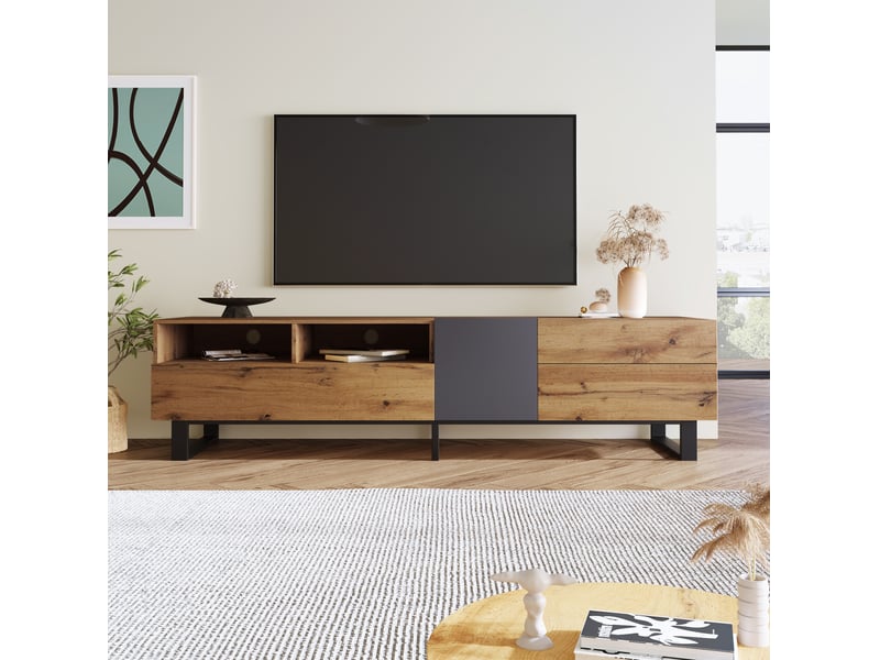  Meuble tv 180 x 38 x 50 cm en mdf, chêne et anthracite, 2 tiroirs, pieds métal  - Conforama D