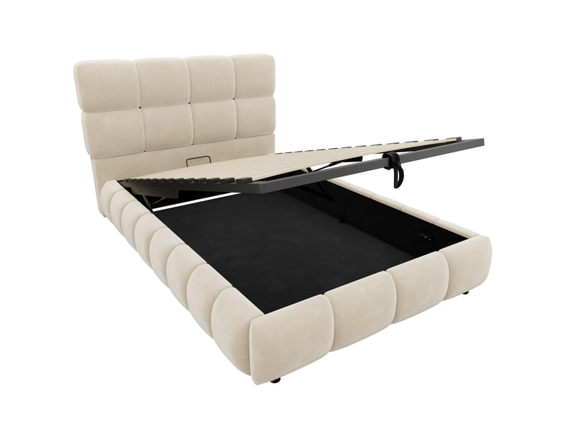 Lit rembourré pour enfant 90 x 200 cm, rangement hydraulique, avec bande lumineuse, velours, beige - Conforama R