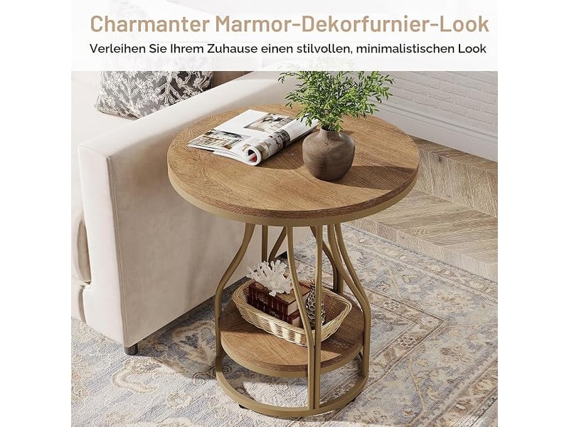  Table d'appoint ronde à deux niveaux, table de chevet moderne, petite table d'appoint avec rangement pour le salon ou la chambre, avec structure en métal.  - Conforama E