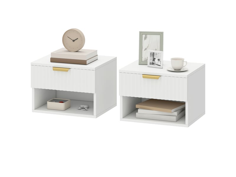  Ensemble de 2 tables de chevet suspendues avec tiroir, façade cannelée et étagère ouverte, 40 x 34 x 29 cm, blanches  - Conforama B