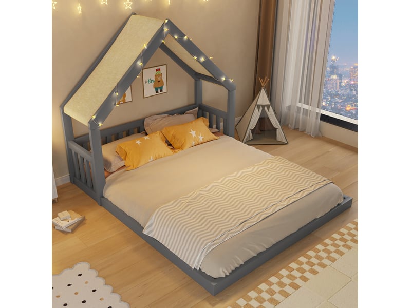 Lit cabane 140x200 cm, toit textile et guirlande lumineuse, sommier à lattes, mdf et pin, gris sans matelas - Conforama B