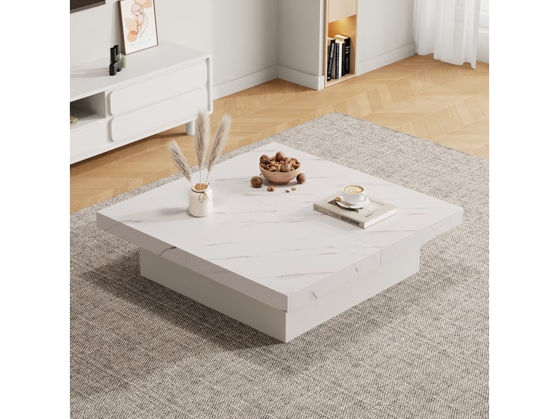  Table basse carrée blanche effet marbre 90x90 cm avec 4 tiroirs et plateau coulissant  - Conforama D