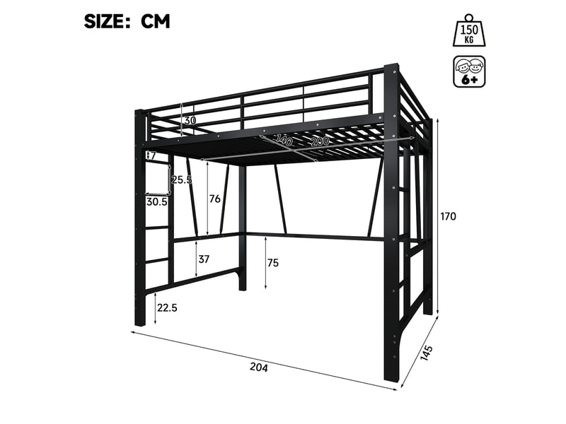 Lit mezzanine 140x200 cm coloris noir, lit superposé enfant avec double échelle, lit en hauteur métal , sans matelas - Conforama C