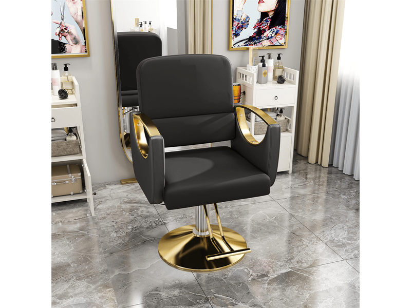  Fauteuil de coiffure hydraulique 54 x 50 x 84-94 cm – réglable à 360° avec base dorée et gummiring – cuir - noir et or  - Conforama B