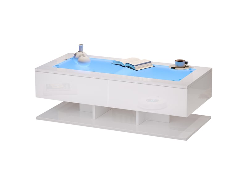  Table basse led blanche brillante avec plateau en verre trempé et 2 tiroirs, contrôle par application, 100x50x35 cm  - Conforama A