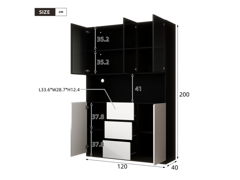  Vitrine en verre avec led, meuble vitrine 120x40x200 cm en mdf blanc et noir avec étagères, tiroirs et portes pour salon et salle à manger.  - Conforama C
