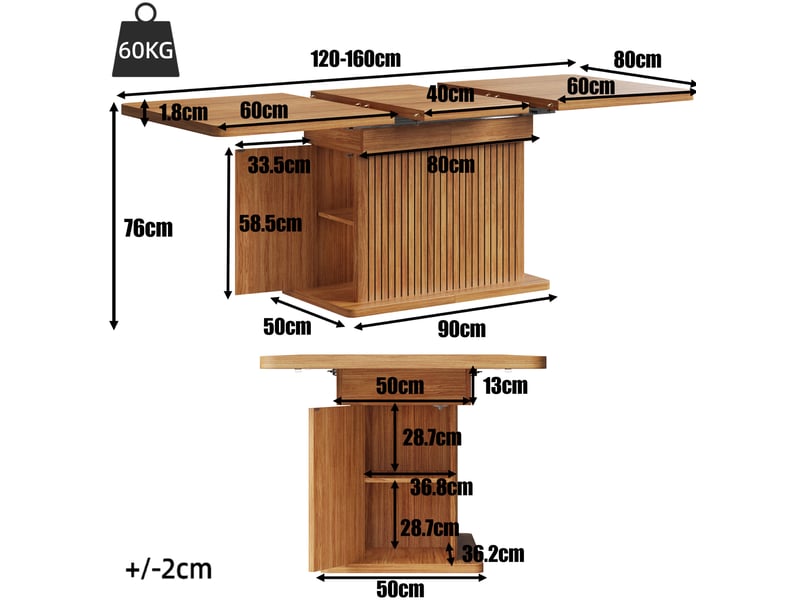 Table de salle à manger extensible avec rangement caché et étagères bilatérales, mdf et métal, bois brun foncé - Conforama E