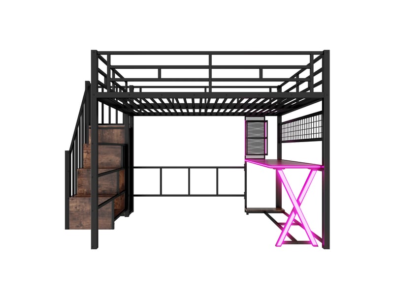  Lit mezzanine enfant 160x200cm en métal avec bureau,armoire et led,lit superposé double avec échelle de rangement,barrières,sans matelas,noir  - Conforama D