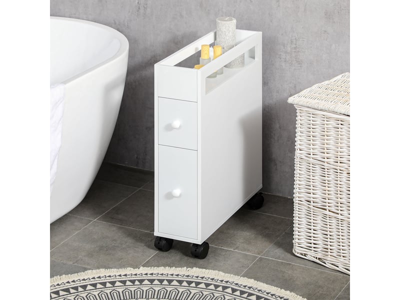  Meuble de salle de bain étroit, deux tiroirs, quatre roulettes, blanc, 16 x 49,5 x 66 cm  - Conforama D