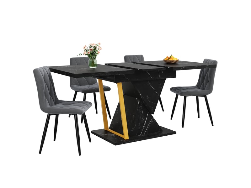 Table à manger extensible 110-140x80x76 cm, design effet marbre, plateau mdf haute densité, pieds métal, noir - Conforama A