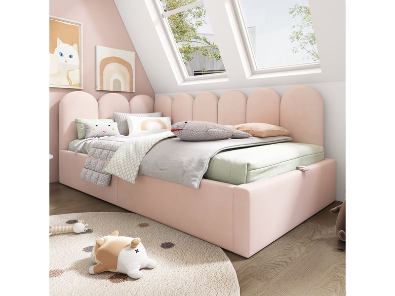 Lit coffre 90x190cm, lit 1 place, lit banquette, lit de repos avec sommier en métal, velours rose, sans matelas - Conforama B
