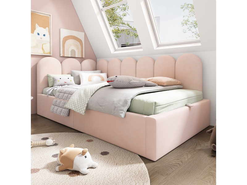  Lit coffre 90x190cm, lit 1 place, lit banquette, lit de repos avec sommier en métal, velours rose, sans matelas  - Conforama B