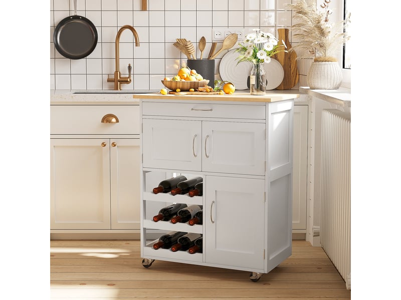  Desserte de cuisine multi rangements 2 placards tiroir casier 9 bouteilles mdf blanc plateau bois caoutchouc  - Conforama C
