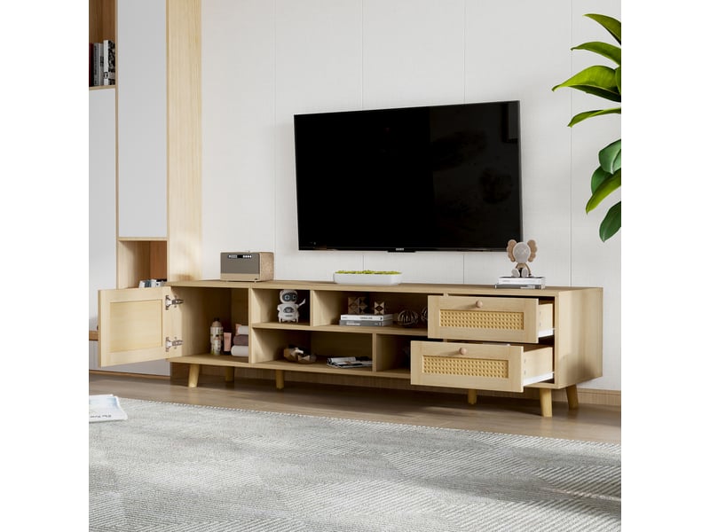  Meuble tv modenvie avec rangement 160 x 39 x 40 cm en panneaux de particules et rotin chêne clair  - Conforama E