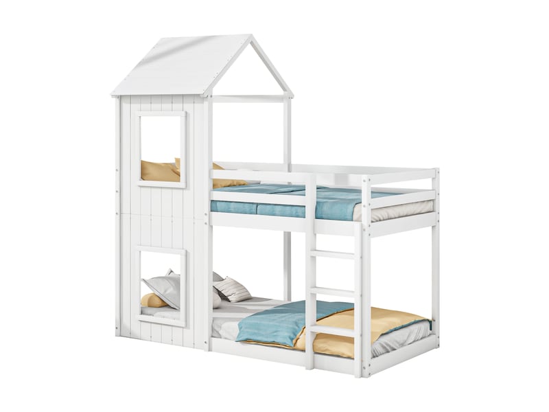  Lit cabane enfant 90x200 cm avec barrières de sécurité, blanc, lit superpose avec échelle et baldaquin  - Conforama B