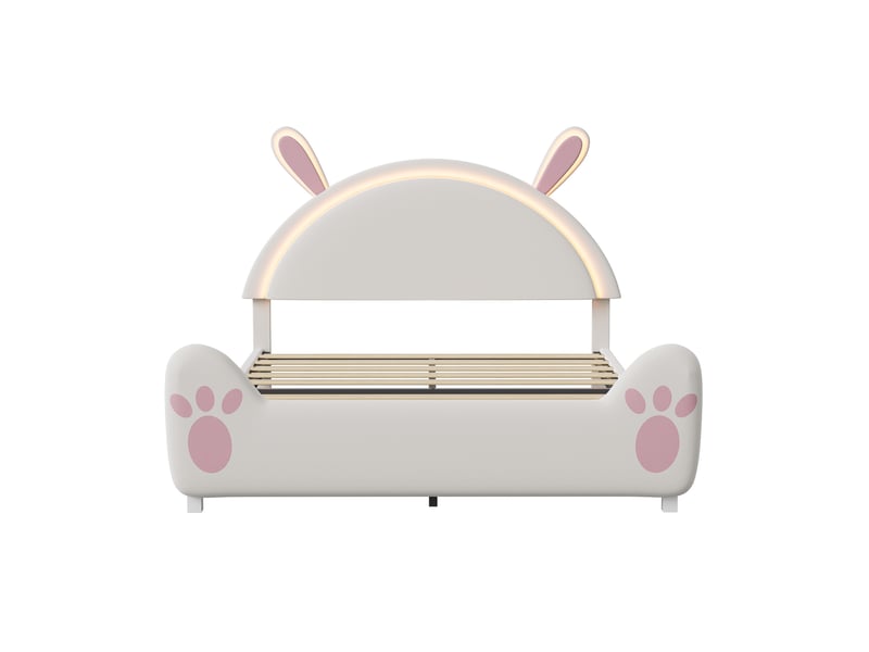  Lit simple 140x200 cm, lit enfant rembourré avec led et oreilles de lapin, lit princesse en velours et métal, blanc  - Conforama D