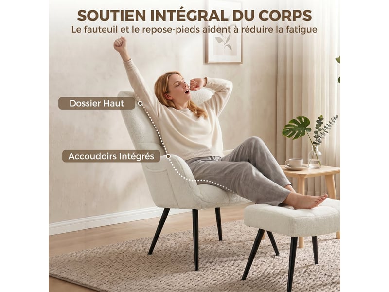  Fauteuil avec repose-pied en tissu teddy beige 78 x 68 x 93 cm  - Conforama D