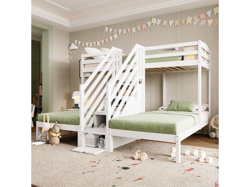  Lit mezzanine 90 x 200 cm de pin, lit triple 3 lits, échelle avec tiroirs, garde-corps, blanc, lit adulte avec barrières de sécurité  - Conforama W