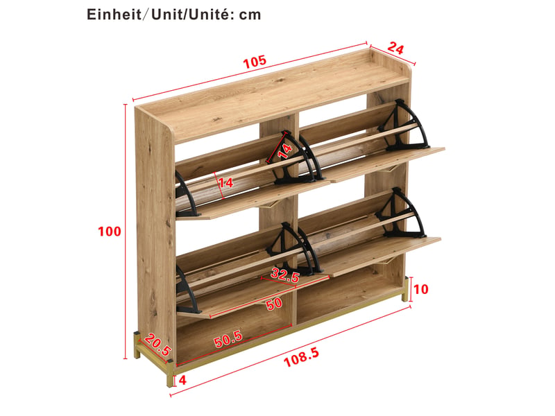  Meuble à chaussures étroit 108,5 x 24 x 100 cm, armoire rangement 4 portes pour petit couloir, capacité optimale et design contemporain en imitation bois  - Conforama C