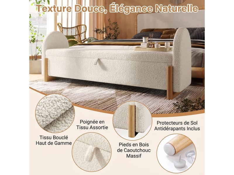  Banc de lit blanc 146 cm avec rangement, tissu bouclette, bout de lit  - Conforama E