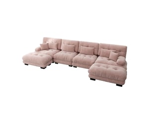 Canapé modulable 4 places en chenille rose avec ottomans mobiles, 406 x 145 x 81 cm