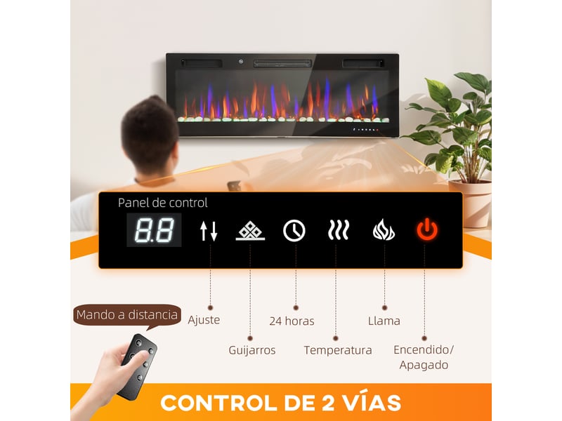  Cheminée électrique encastrable ultra-mince avec flamme 3d, luminosité et vitesse réglables, 12 couleurs de galets, 9001800 w  - Conforama E