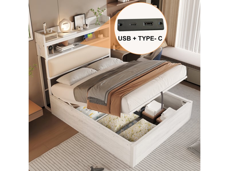  Lit simple 90 x 200, cadre bois et métal blanc, relevage hydraulique, usb et tête capitonnée  - Conforama C