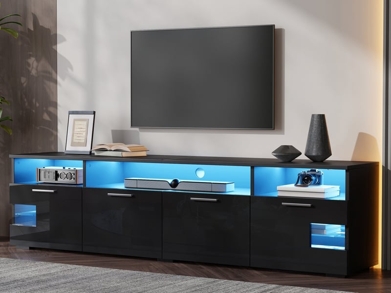  Meuble tv bas, 180 × 35 × 45 cm, noir, avec éclairage led et compartiments ouverts pour le salon  - Conforama B