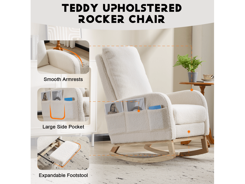  Fauteuil à bascule avec repose-pieds, dossier haut ergonomique et poche latérale en tissu teddy blanc  - Conforama D