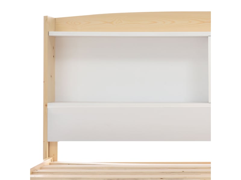  Lit simple 90x200 cm en bois massif avec tête de lit à rangements et matelas à ressorts inclus, blanc  - Conforama E