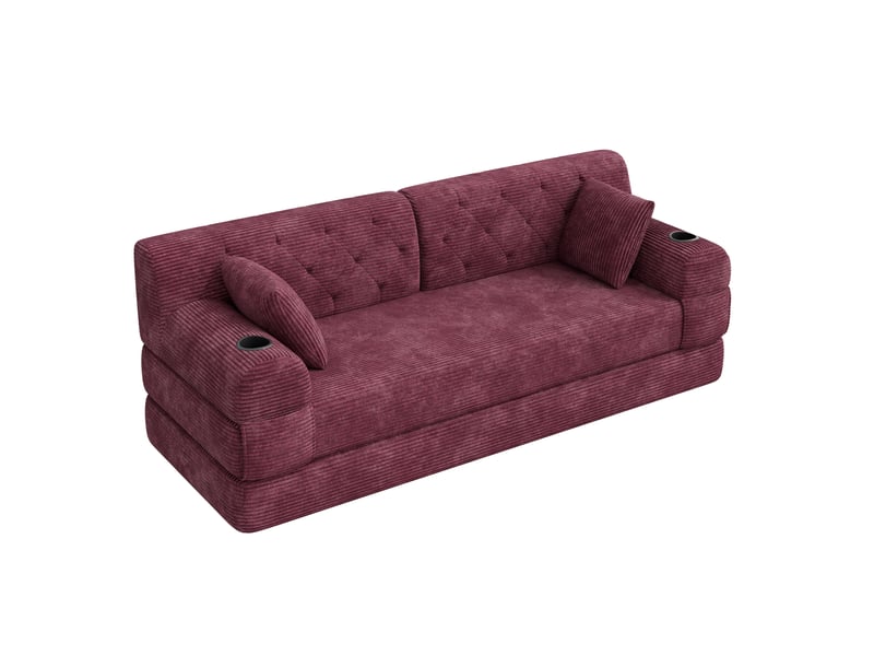 Canapé-lit 3 places en velours côtelé bordeaux avec poches et porte-gobelets - Conforama A