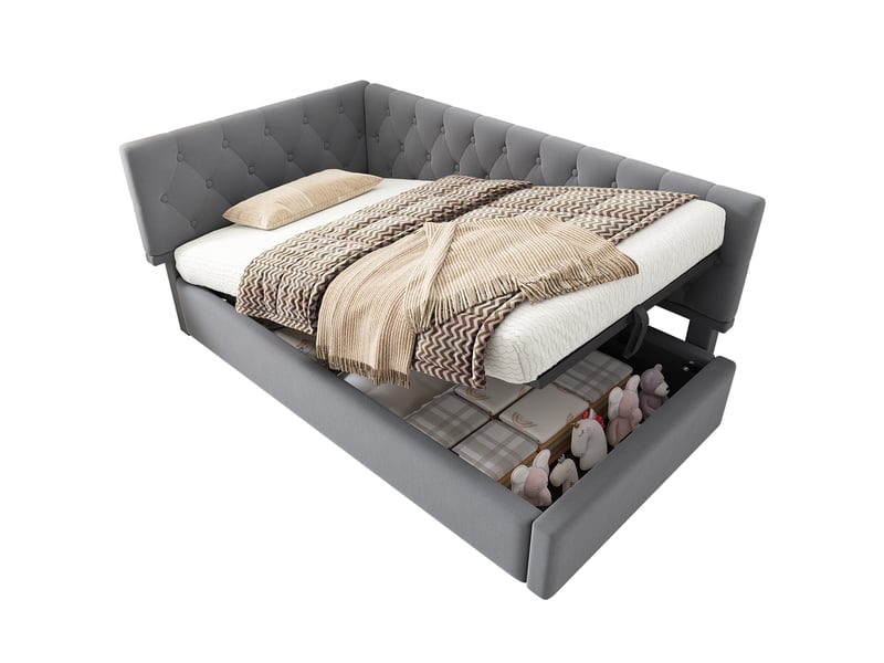  Lit banquette 90x200 lit coffre hydraulique canapé lit velours gris avec sommier  - Conforama A