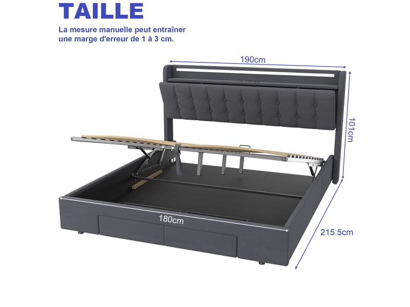Lit rembourré 180x200 avec led, usb et 2 tiroirs de rangement cravdom - Conforama E
