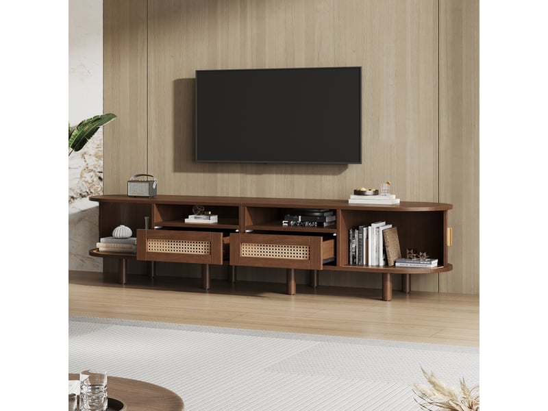  Meuble tv avec 2 tiroirs et 2 portes coulissantes, style vintage, pour salon, 170 × 40 × 40 cm, en mdf, métal et bois, noyer foncé  - Conforama C