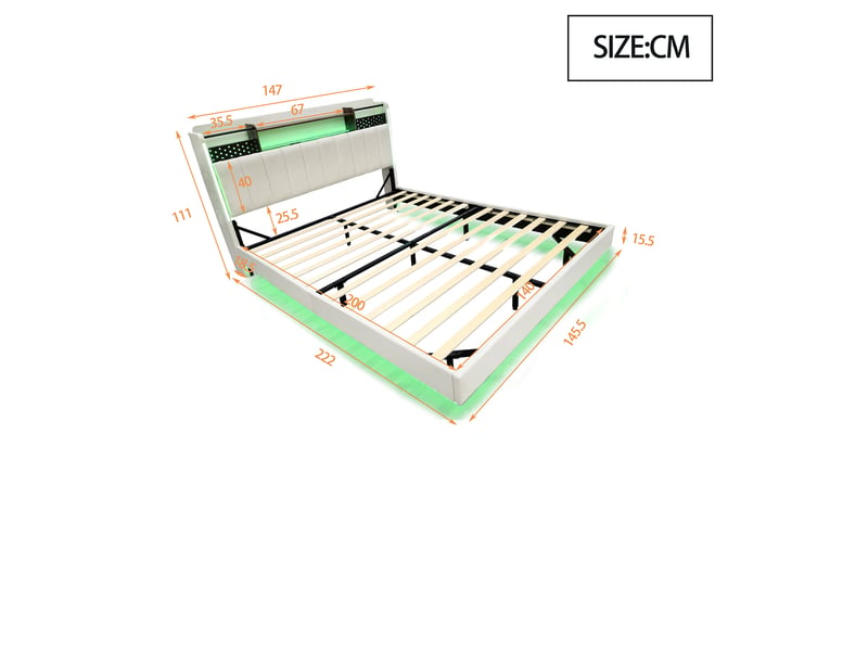 Lit double 140 × 200 cm en lin beige, tête de lit avec rangement, led, usb et effet flottant Fay Lum - Conforama C