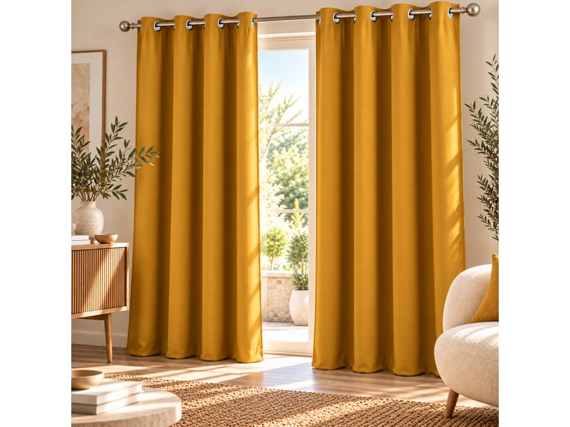  Lot de 2 rideaux à œillets grande hauteur 135 x 280 cm occultants unis occult ocre  - Conforama A