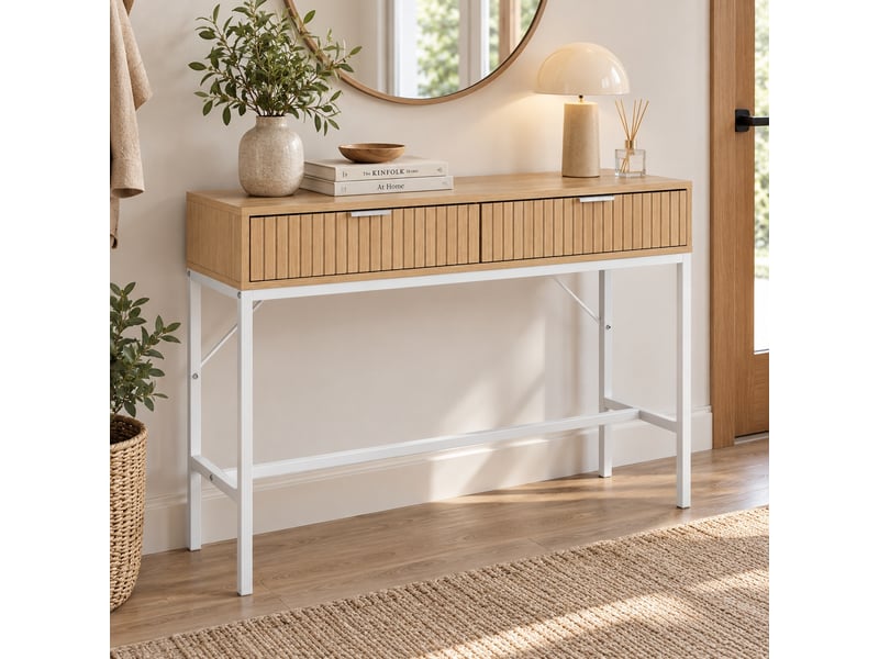  Table console meuble d'entrée effet bois clair en structure métalique blanche à 2 tiroirs à façades rainurées - longueur 100 x profondeur 30 x hauteur 75 cm  - Conforama B