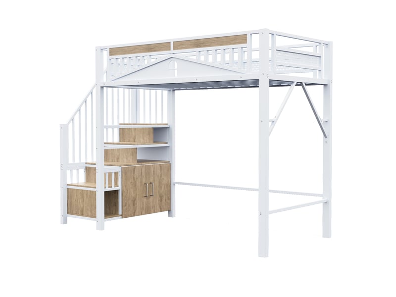Lit mezzanine avec enceinte sécurisée et fenêtre, métal blanc, 90x200 cm, échelle avec casier - Conforama D