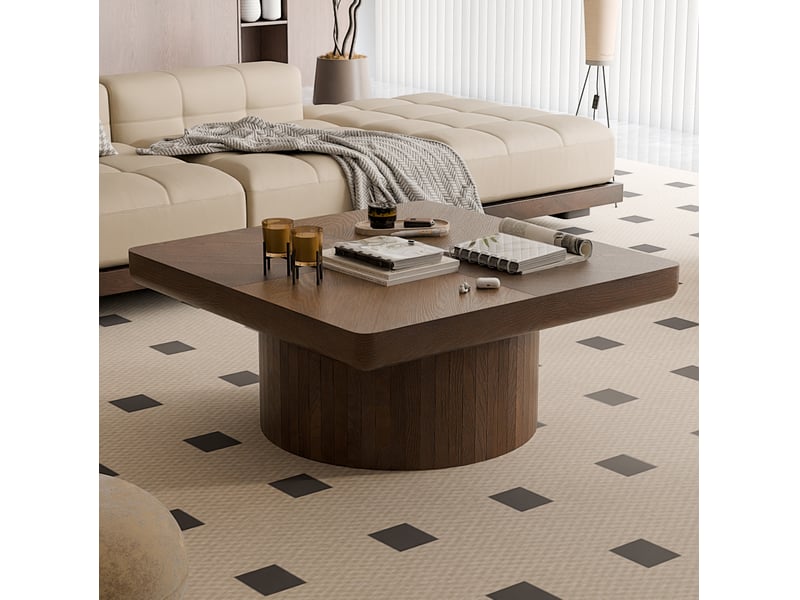  Table basse carrée 78 cm, plateau épais 8 cm, base cylindrique, placage bois, couleur marron  - Conforama E
