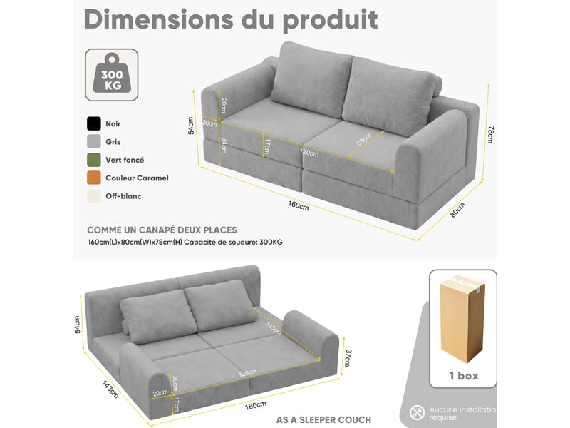  Canapé-lit convertible tcqpz 2 places pliable 160 x 80 x 78 cm mousse à mémoire de forme gris  - Conforama C