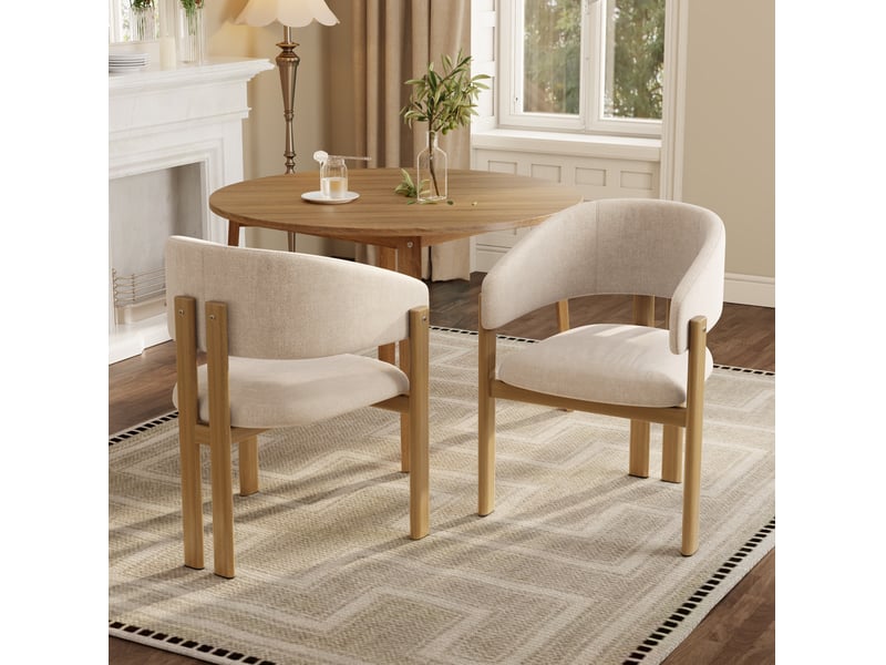  Lot de 2 chaises de salle à manger avec accoudoirs ergonomiques, tissu en lin beige et métal aspect bois naturel  - Conforama B