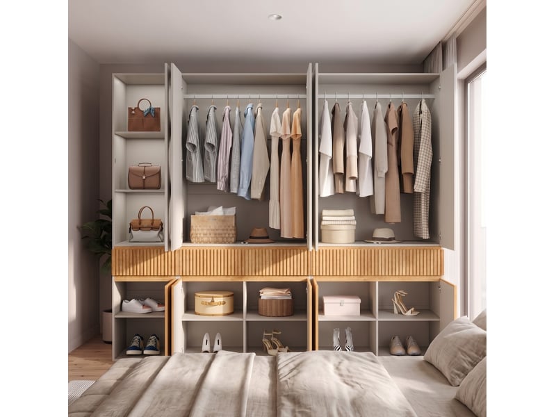  Armoire modenvie 10 portes avec 3 tiroirs et 2 penderies 225 x 50 x 200 cm chêne clair et gris  - Conforama D