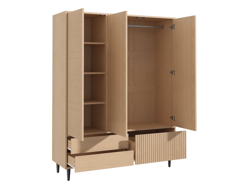 Armoire de chambre 135 x 45 x 200 cm, avec 3 portes et miroir, 3 tiroirs, 1 penderie, 4 compartiments, chêne - Conforama E