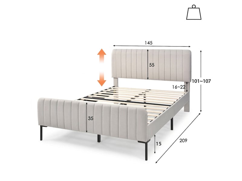  Lit double 140x200 gris beige capitonné avec sommier à lattes et tête de lit réglable, sans matelas  - Conforama C