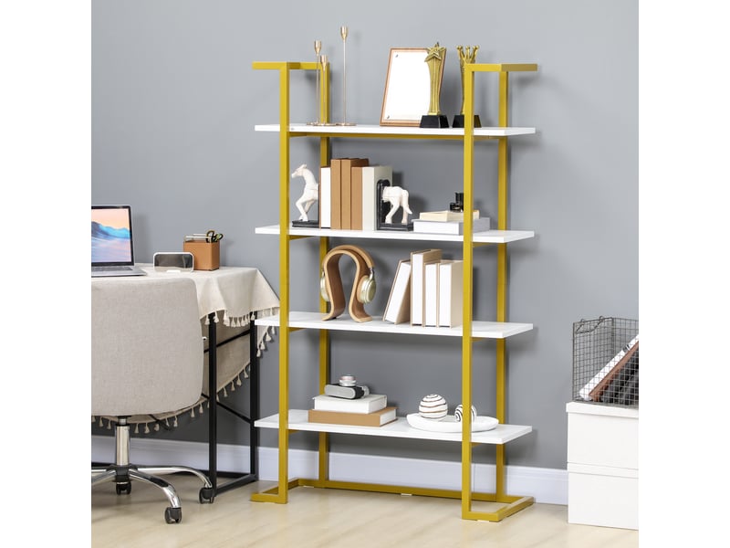  Bibliothèque surélevée à 4 niveaux, multifonctionnelle, en mdf et acier, 92 x 35 x 152 cm, blanc et or  - Conforama C