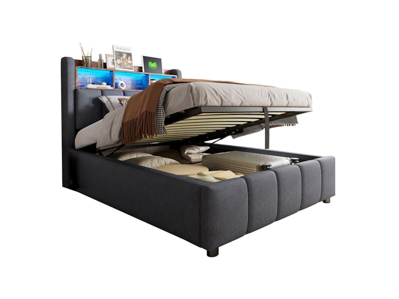  Lit coffre 90x200 led &amp; usb - lit rembourré - rangement hydraulique, tête lit avec étagère, design moderne, sommier à lattes inclus  - Conforama E
