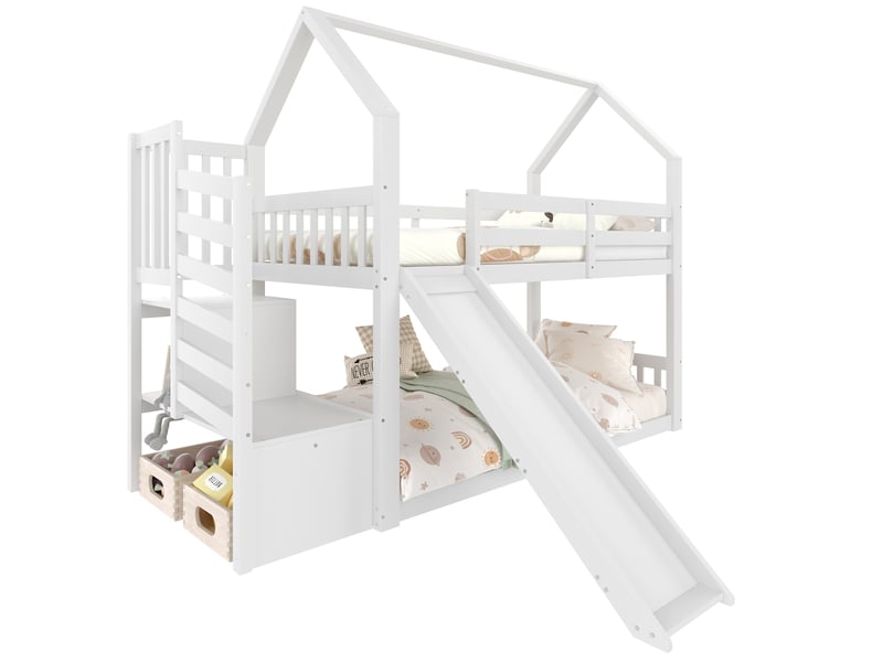  Modenvie lit mezzanine enfant 90x200 cm - avec toboggan, escalier de rangement, sans matelas - blanc  - Conforama A