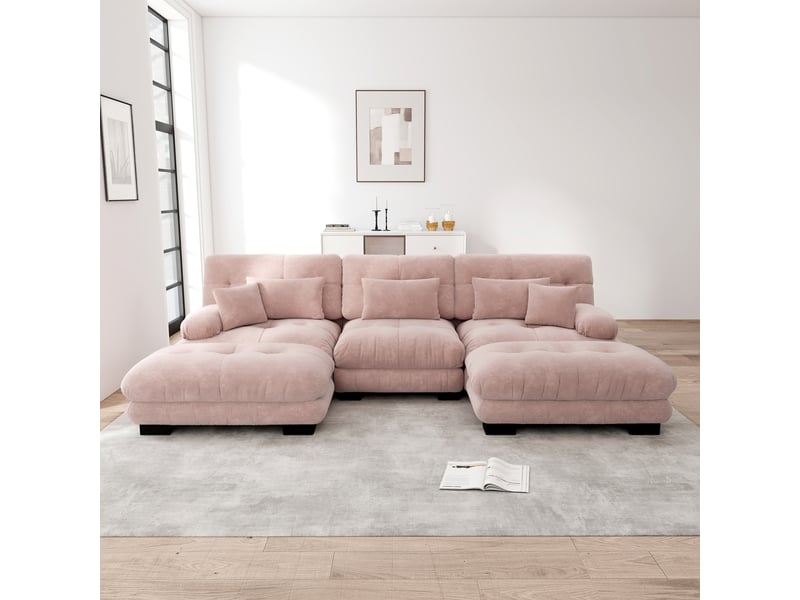  Canapé d'angle, canapé convertible – forme u, avec pouf, assise profonde, rose, style cloud, en chenille  - Conforama A