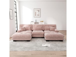 Canapé panoramique, avec fonction couchage, avec pouf, assise extra profonde, en tissu chenille, coloris rose, l313 x p145 x h81 cm