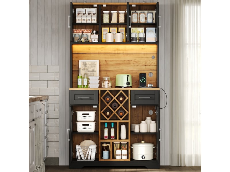  Buffet de cuisine haut avec 2 tiroirs, casier à vin amovible, led rgb et prises pour salle à manger en mdf 105×40×180 cm  - Conforama B